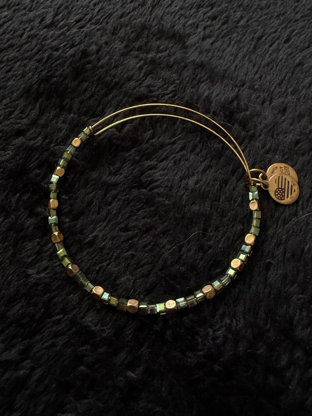 Alex and Ani Gold-Tone Green Beaded Expandable Bracelet with Signature Charm